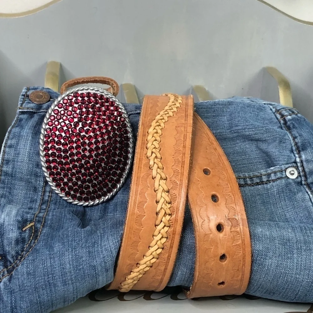 RED rhinestone tan leather woven belt